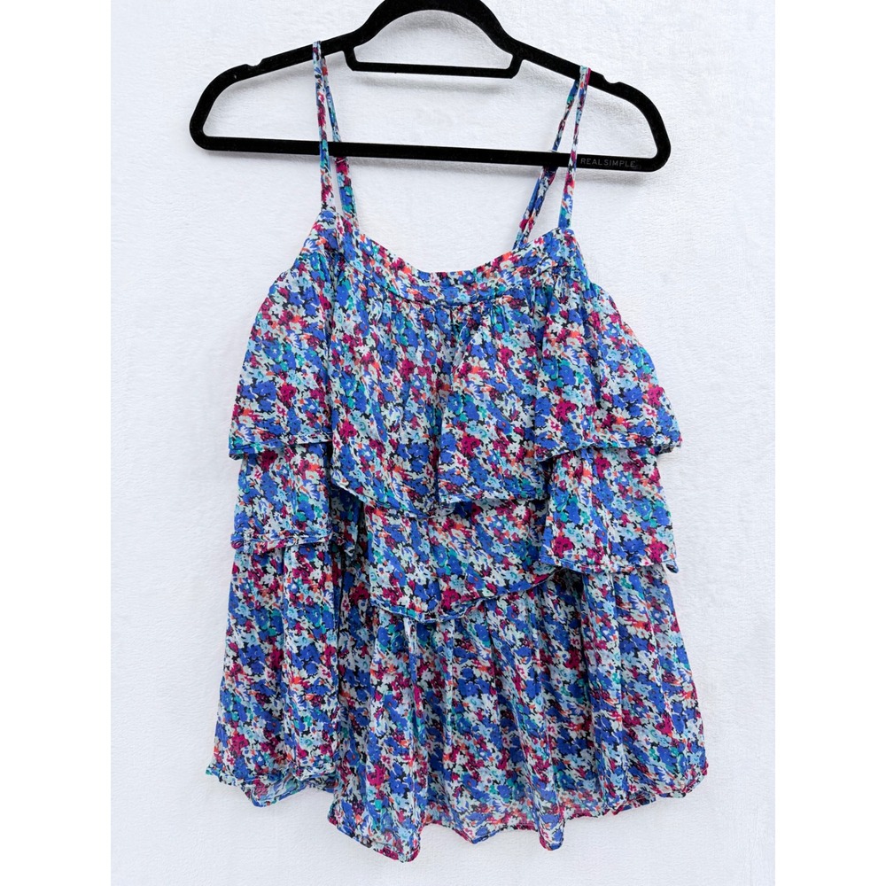 Free People One Floral Tiered Ruffle Cami Top S Blue Multicolor Cotton Boho